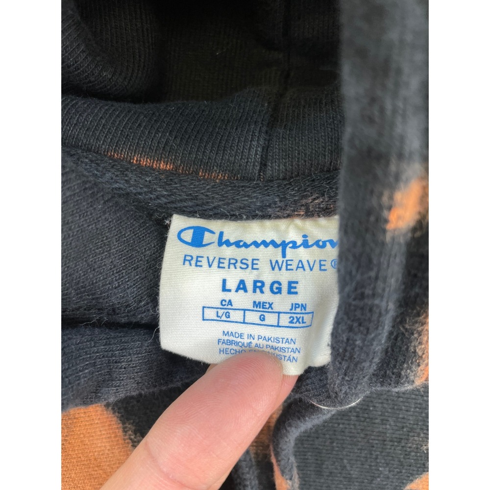 Champion Men's L Reverse Weave Hoodie Black Orange Bleach Tie Dye Streetwear - Picture 3 of 8